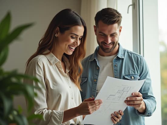 Pareja joven revisando planos de su futura vivienda en una cooperativa, representando accesibilidad, acompañamiento y transparencia en el proceso.